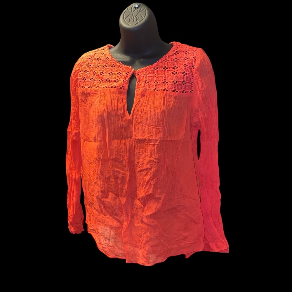 J. Crew Red Gauzy Crochet Floral Eyelet 3/4 sleeve Blouse Top Size 8